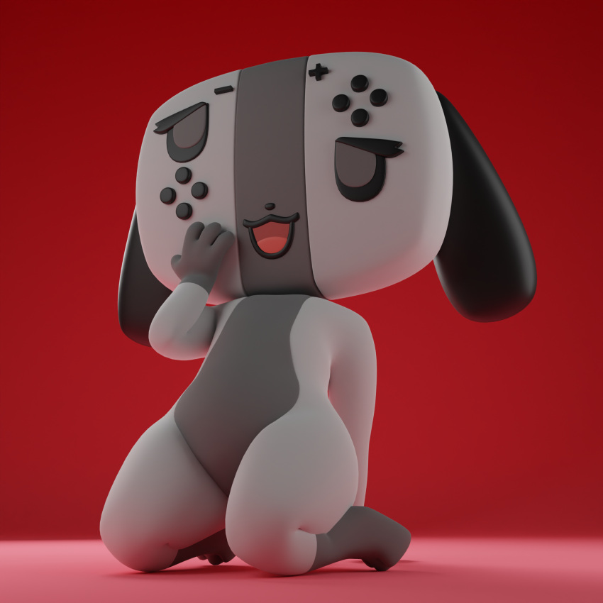 ambiguous_gender animate_inanimate anthro black_ears black_nose gloves_(marking) grey_background grey_body hand_on_face hi_res kneeling leg_markings looking_up markings multicolored_body nintendo nintendo_switch open_mouth red_background simple_background socks_(marking) solo suggestive_look suggestive_pose switch_dog thick_thighs two_tone_body username-password