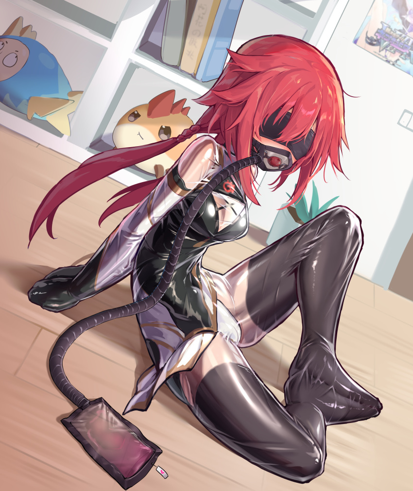 1girl absurdres adapted_costume arms_behind_back bdsm blindfold bodysuit book bookshelf bound bound_arms bound_legs commission dildo highres indoors long_hair looking_at_viewer monoglove neptune_(series) object_insertion oxygen_mask red_eyes red_hair sex_toy shelf shin_jigen_game_neptune_vii shiny_clothes skin_tight soles_together solo stuffed_toy tennouboshi_uzume twintails vaginal vaginal_object_insertion xiongmao