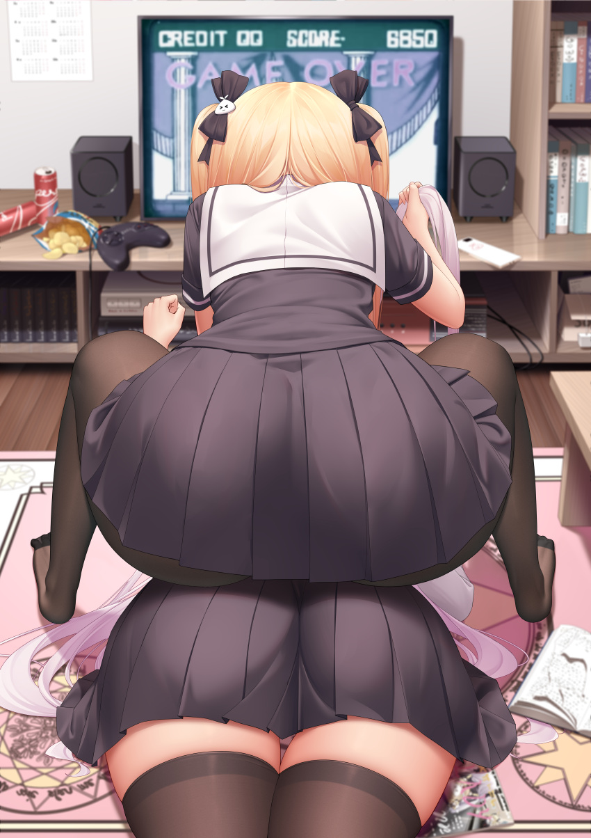 2girls absurdres ass ass_focus back bag_of_chips black_bow black_pantyhose black_shirt black_skirt black_thighhighs blonde_hair bookshelf bow calendar_(object) can commentary_request controller facing_away flat_screen_tv from_behind game_controller hair_bow highres huge_ass indoors long_hair lying magazine_(object) miniskirt multiple_girls niliu_chahui no_shoes on_stomach original panties pantyhose pantyshot playing_games pleated_skirt remote_control rug sailor_collar school_uniform shirt short_sleeves siblings sisters skirt soda_can speaker table television thick_thighs thighhighs thighs tokisaki_asaba tokisaki_mio underwear video_game white_hair white_sailor_collar wooden_floor