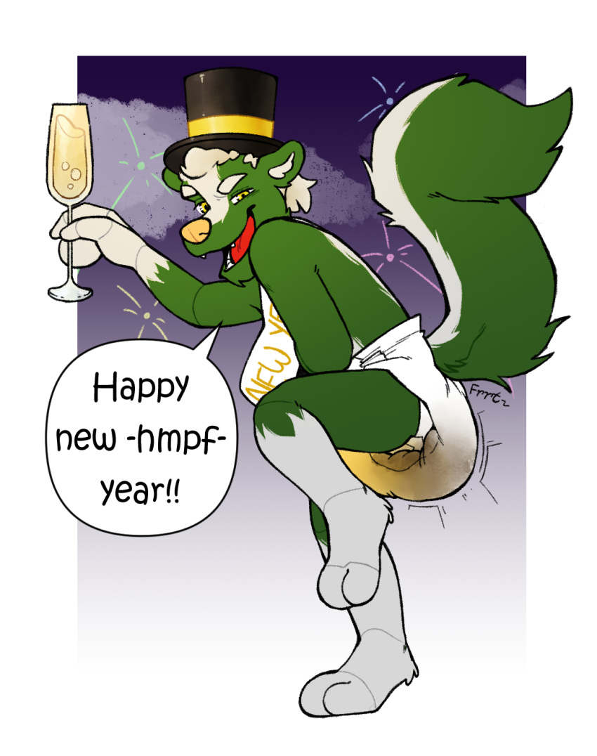 alcohol beer beverage clothing container cup diaper drinking_glass feces fireworks fur glass glass_container glass_cup green_body green_fur hat headgear headwear hi_res holidays mammal mephitid messy_diaper new_year ron_(greenpanunk) skunk soiling top_hat wine_glass xamonomax yellow_eyes