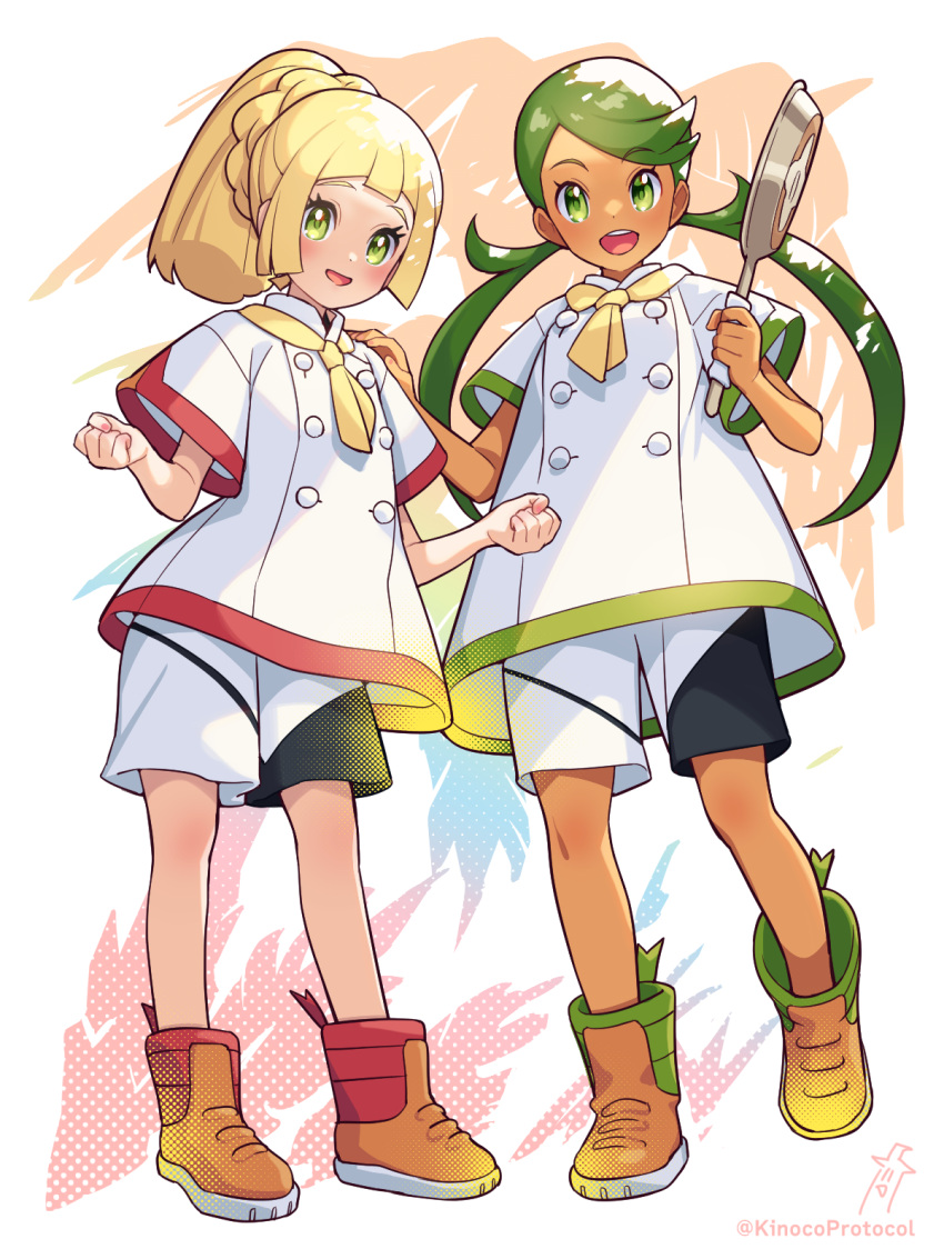 2girls :d blonde_hair blunt_bangs blush boots buttons clenched_hands commentary_request eyelashes frying_pan green_eyes green_hair highres holding holding_frying_pan kinocopro knees lillie_(pokemon) long_hair looking_down mallow_(pokemon) multiple_girls neckerchief open_mouth pokemon pokemon_(anime) pokemon_sm_(anime) ponytail shirt shorts smile standing twintails twitter_username watermark white_shirt yellow_neckerchief