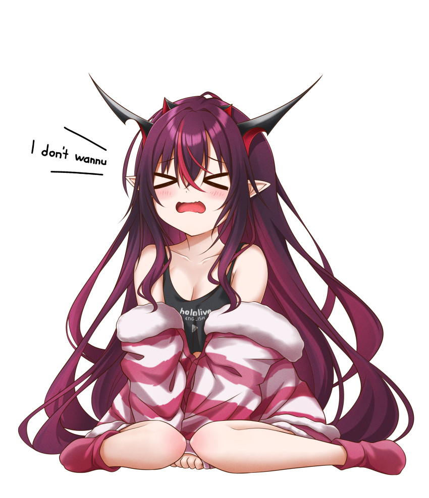 &gt;_&lt; 1girl absurdres alternate_costume black_tank_top blush crop_top english_text fur-trimmed_jacket fur_trim highres hololive hololive_english horns irys_(hololive) jacket jan_azure long_hair loungewear multiple_horns open_mouth pink_jacket pointy_ears red_hair simple_background sitting solo striped striped_jacket tank_top transparent_background v-shaped_eyebrows very_long_hair virtual_youtuber wariza wavy_mouth