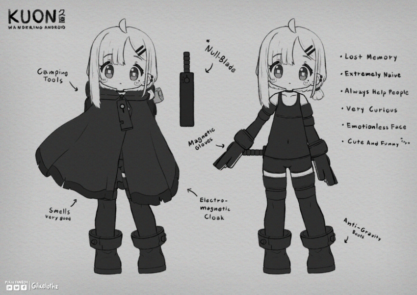 1girl ahoge android arms_at_sides asymmetrical_bangs bare_shoulders boots character_name cloak closed_mouth collarbone commentary dot_mouth english_commentary english_text expressionless full_body gilxelothz43 gloves grey_background grey_hair greyscale hair_ornament hairclip looking_at_viewer mechanical_arms monochrome multiple_views original reference_sheet short_hair simple_background standing straight-on tank_top