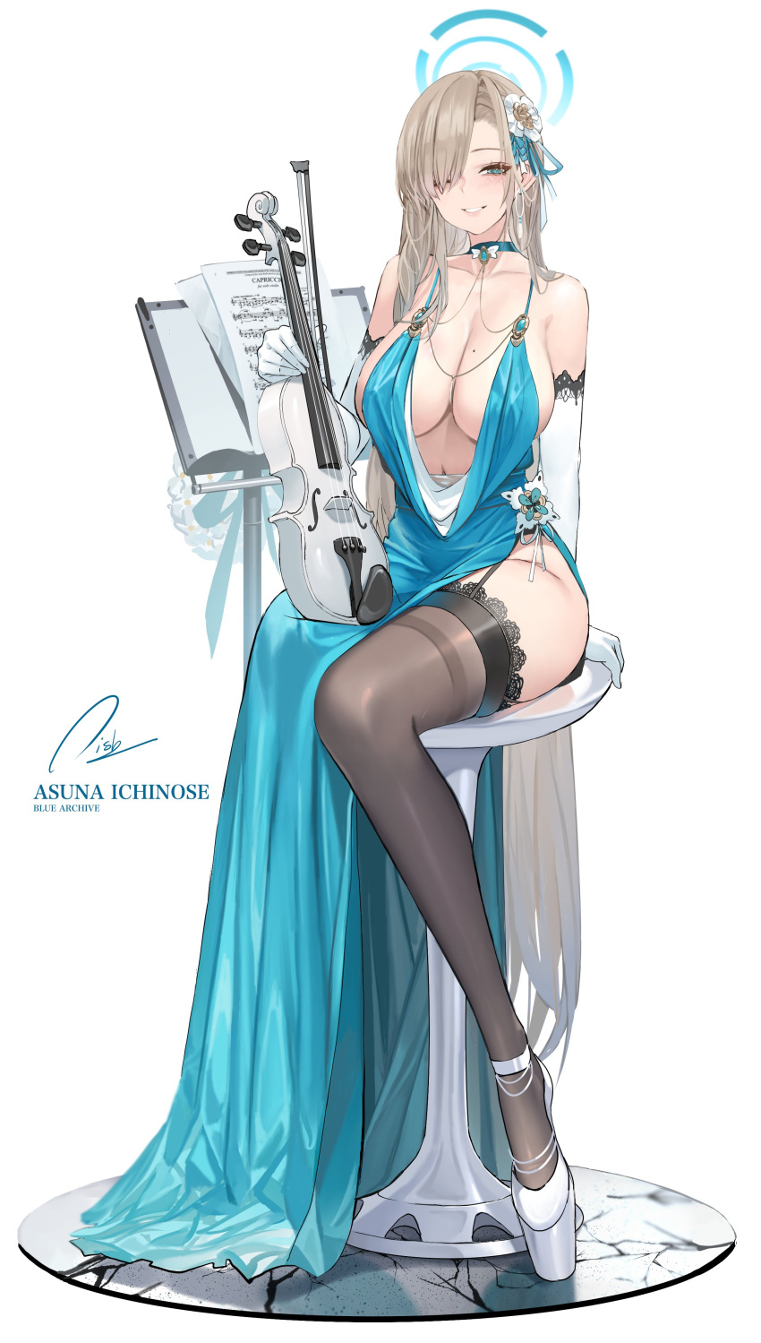 1girl absurdres alternate_costume asuna_(blue_archive) bare_shoulders black_thighhighs blue_archive blue_dress blue_eyes blush bow_(music) breasts cleavage collarbone dishwasher1910 dress elbow_gloves garter_straps gloves grey_thighhighs grin hair_over_one_eye halo highres holding holding_instrument instrument large_breasts left-handed light_brown_hair long_hair looking_at_viewer music_stand navel plunging_neckline sheet_music sitting smile solo stool thighhighs very_long_hair violin white_footwear white_gloves