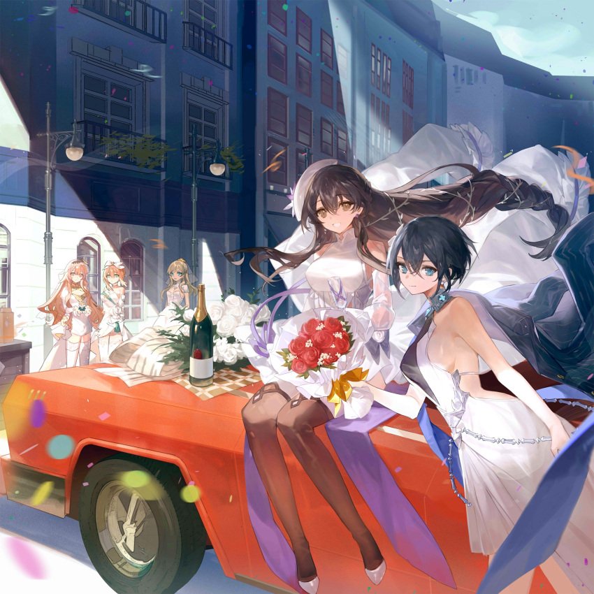 5girls animal arm_behind_back artist_request ass backless_outfit black_hair black_thighhighs blonde_hair blue_eyes bottle bouquet breasts bridal_veil brown_eyes brown_hair building car closed_mouth confetti cup day dress drinking_glass elbow_gloves girls'_frontline gloves green_eyes grin hamster hat highres holding holding_animal holding_bouquet k5_(array_of_venus)_(girls'_frontline) k5_(girls'_frontline) lamppost large_breasts leaning_on_object lewis_(girls'_frontline) lewis_(purple_iris_drunken_butterfly)_(girls'_frontline) light_rays long_hair looking_at_viewer looking_to_the_side m1_garand_(girls'_frontline) m1_garand_(letter_from_the_winter_cypress)_(girls'_frontline) motor_vehicle multiple_girls off_shoulder official_alternate_costume official_art open_mouth orange_eyes orange_hair outdoors p22_(girls'_frontline) p22_(waltz_of_fantasy)_(girls'_frontline) pinstripe_jacket pinstripe_pattern red_car short_hair sitting_on_car smile standing striped t77_(girls'_frontline) t77_(starlight_across_the_shore)_(girls'_frontline) thighhighs tire veil very_long_hair wedding_dress white_dress white_footwear white_gloves white_headwear white_thighhighs wine_bottle wine_glass