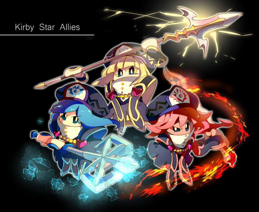 3girls axe black_background black_headwear black_robe blonde_hair blue_eyes blue_hair blue_trim blunt_bangs blunt_ends bracer brooch buttons commentary_request covered_mouth disembodied_limb facial_mark fire flamberge_(kirby) francisca_(kirby) hat heart heart_brooch heart_print holding holding_axe holding_polearm holding_sword holding_weapon ice jewelry kirby:_star_allies kirby_(series) lapels lightning long_hair looking_at_viewer multiple_girls neckerchief polearm red_hair red_trim robe shirushiki short_hair siblings sisters spiked_hair sword tan v-shaped_eyebrows weapon white_neckerchief yellow_trim zan_partizanne