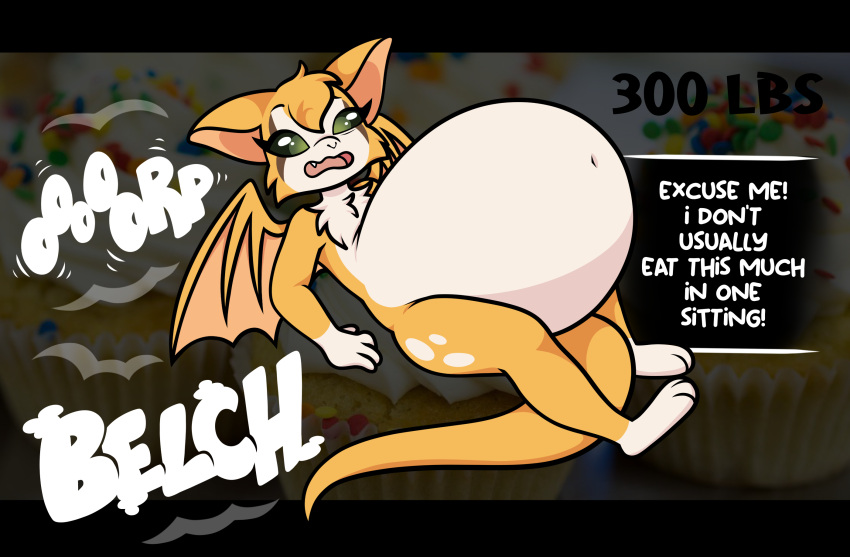 anthro bat belly big_belly burping dialogue dust:_an_elysian_tail eating english_text female fidget_(elysian_tail) food fur green_eyes growth_drive hi_res mammal navel nimbat open_mouth orange_body orange_fur pompuffy_(artist) solo sound_effects tail text weight_gain white_body white_fur wings