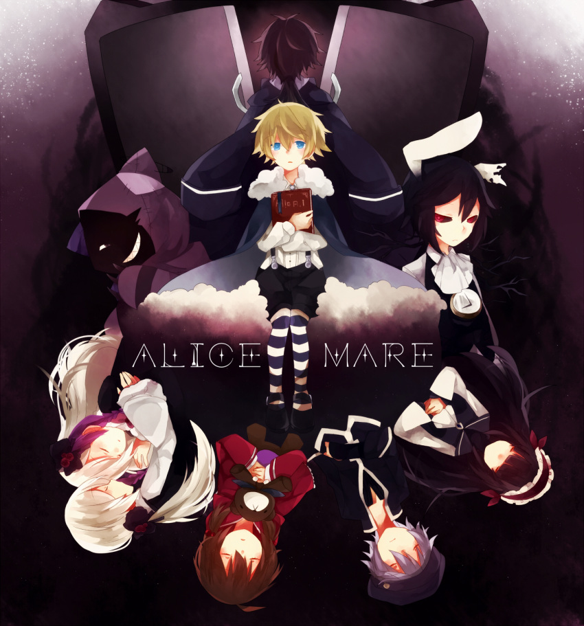 3girls 6+boys alicemare allen_llewellyn black_hair black_sclera blonde_hair book brown_hair cat_boy chelsy_reevis cheshire_cat_(alicemare) colored_sclera copyright_name full_body highres holding holding_book joshua_bartlett letty_amery multicolored_hair multiple_boys multiple_girls ponita purple_hair rabbit_boy red_eyes red_hair rick_amery sensei_(alicemare) stella_northrop white_rabbit_(alicemare)