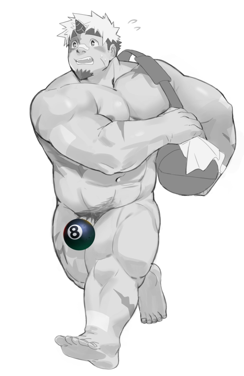 1boy abs akiha_gongen_(housamo) bag ball bandaid bandaid_on_face bandaid_on_leg bandaid_on_nose bara billiard_ball blush dark-skinned_male dark_skin dyzd1 emoji emoji_censor facial_hair flaccid flying_sweatdrops full_body goatee greyscale hand_up highres horns huge_eyebrows large_pectorals looking_ahead male_focus male_pubic_hair monochrome multicolored_hair muscular muscular_male navel nipples pectoral_lift pectoral_squeeze pectorals penis penis_peek pubic_hair running scar scar_on_arm scar_on_leg short_hair shoulder_bag sideburns single_horn solo stomach sweat sweating_profusely thick_eyebrows thick_thighs thighs tokyo_afterschool_summoners two-tone_hair