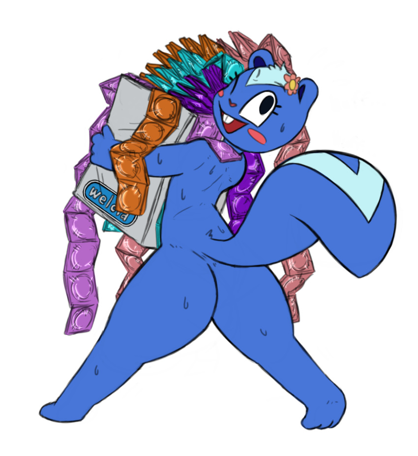 &lt;3 3_toes 4_fingers absurd_res accessory anthro battlehusk big_tail blue_body blue_fur blue_hair blush bodily_fluids buckteeth condom condom_wrapper eyelashes feet female fingers flower flower_in_hair fur hair hair_accessory happy_tree_friends heart_nose hi_res hindpaw holding_object looking_at_viewer looking_back looking_back_at_viewer mammal mephitid mt_fujimori paper_bag paws petunia_(htf) pink_nose plant sexual_barrier_device simple_background skunk skunk_tail smile smiling_at_viewer solo sweat tail teeth thick_thighs toes walking walking_away welcia white_background