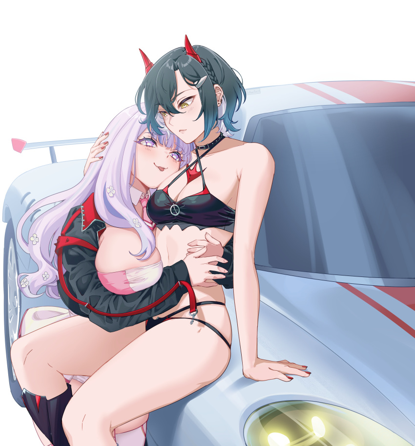 2girls :p absurdres azur_lane black_hair breasts car ear_piercing estherart0 highres hug large_breasts long_hair medium_breasts motor_vehicle multiple_girls nail_polish piercing pink_hair plymouth_(azur_lane) plymouth_(heart-throbbing_refreshment)_(azur_lane) short_hair sitting sitting_on_car tongue tongue_out ulrich_von_hutten_(azur_lane) ulrich_von_hutten_(ignition_matrician)_(azur_lane) yellow_eyes yuri