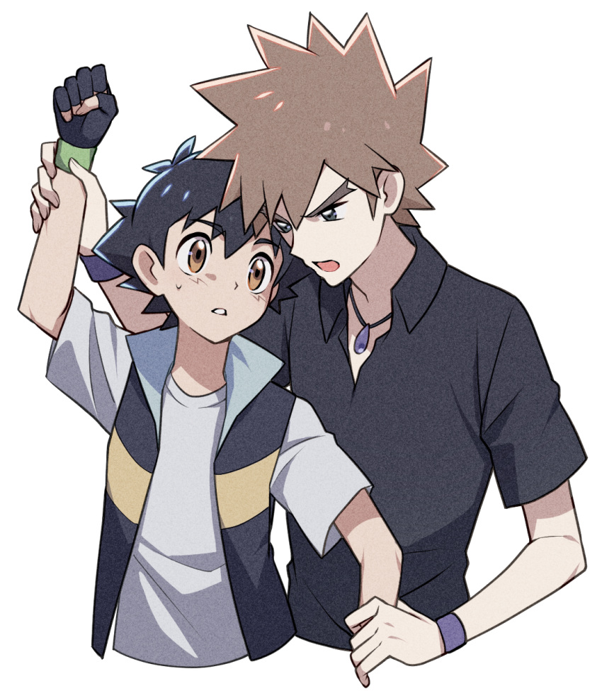 2boys arm_up ash_ketchum black_gloves black_hair black_shirt brown_eyes brown_hair clenched_hand collared_shirt commentary_request fingerless_gloves gary_oak gloves green_eyes highres jacket jewelry male_focus multiple_boys necklace open_mouth parted_lips pokemon pokemon_(anime) pokemon_dppt_(anime) purple_wristband shirt short_hair spiked_hair sweatdrop t-shirt tuze111 upper_body white_background