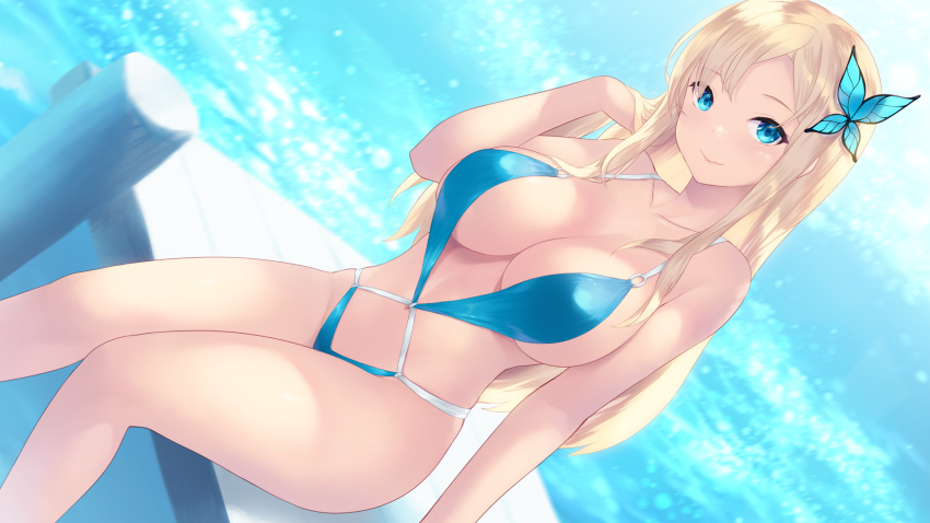 1girl bare_shoulders blonde_hair blue_eyes boku_wa_tomodachi_ga_sukunai breasts butterfly_hair_ornament cait_aron cleavage closed_mouth collarbone feet_out_of_frame hair_ornament hand_in_own_hair highres kashiwazaki_sena large_breasts long_hair looking_at_viewer monokini navel outdoors sideboob sitting smile swimsuit thighs water
