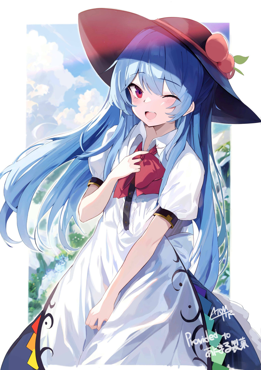 1girl ;d absurdres black_headwear blue_skirt blue_sky bow bowtie cloud commentary_request dress food fruit highres hinanawi_tenshi leaf long_hair looking_at_viewer one_eye_closed open_mouth outdoors peach red_bow red_bowtie red_eyes short_sleeves signature skirt sky smile solo tetsurou_(fe+) touhou white_dress