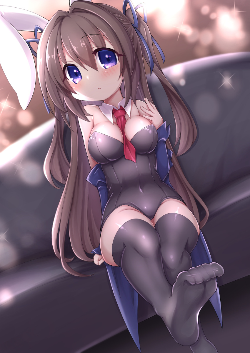 1girl absurdres animal_ears bare_shoulders between_breasts black_leotard black_thighhighs blue_sleeves breasts brown_hair cleavage couch covered_navel detached_collar detached_sleeves fake_animal_ears feet highres kinomiki_nobori leg_up legs leotard long_hair necktie necktie_between_breasts no_shoes original playboy_bunny purple_eyes rabbit_ears red_necktie ribbon sitting soles solo strapless strapless_leotard thighhighs thighs toes two_side_up