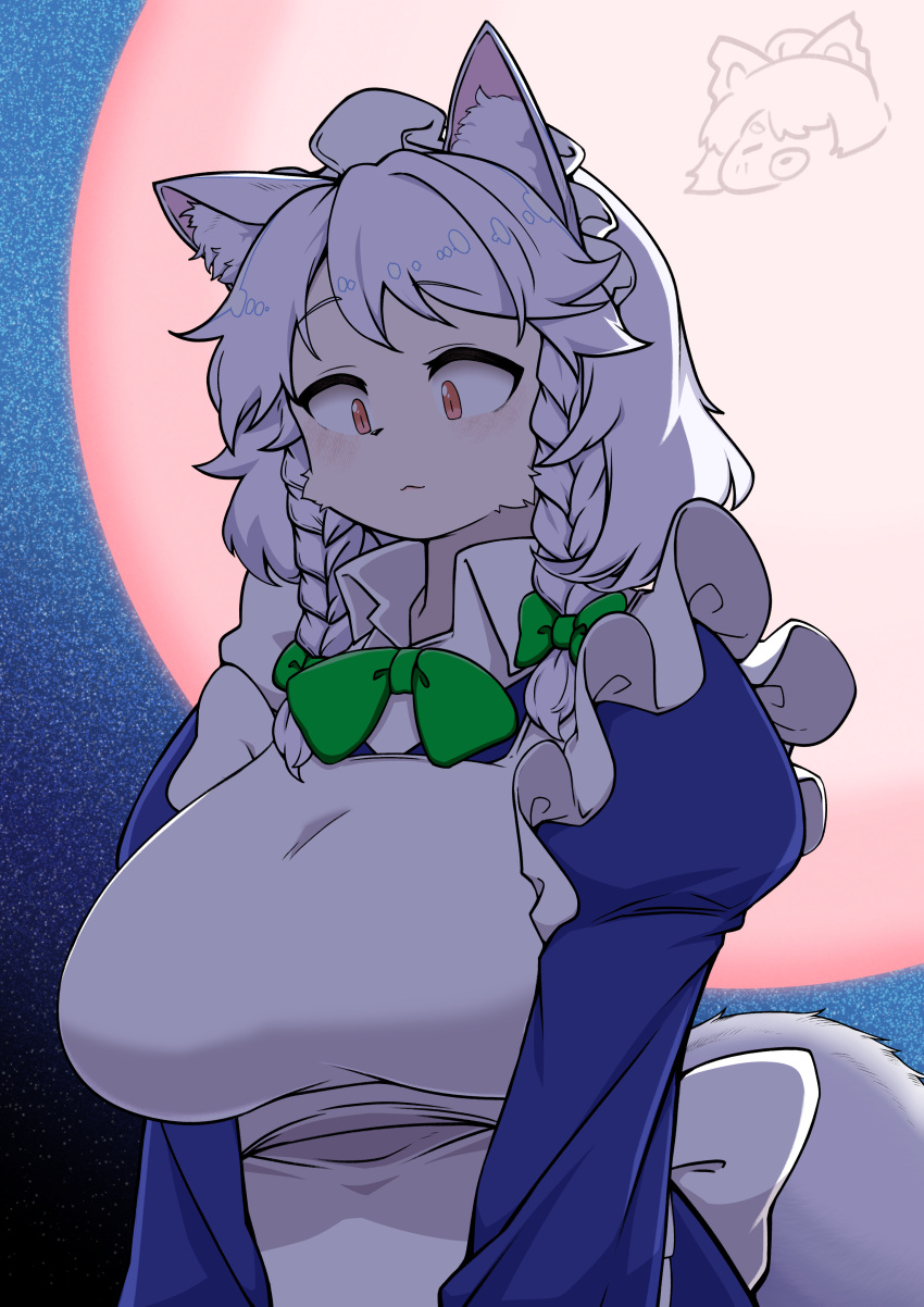 1girl absurdres animal_ear_fluff animal_ears apron back_bow blue_dress blush bow bowtie braid breast_expansion breasts closed_mouth collared_shirt commentary_request commission dress full_moon furrification furry furry_female green_bow green_bowtie hair_bow highres izayoi_sakuya juliet_sleeves kurodani_yamame large_breasts long_sleeves looking_down maid maid_apron maid_headdress medium_bangs medium_hair moon pixiv_commission puffy_sleeves red_eyes red_moon rinyamame shirt solo tail touhou transformation twin_braids upper_body werewolf white_apron white_bow white_hair white_shirt wolf_ears wolf_girl wolf_tail