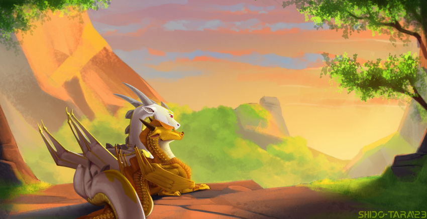 cave cuddling dragon duo female feral grass hi_res horn invalid_tag male male/female mountain plant resting sandwing_(wof) scalie shido-tara sitting sunny_(wof) sunset white_body wings_folded wings_of_fire yellow_body
