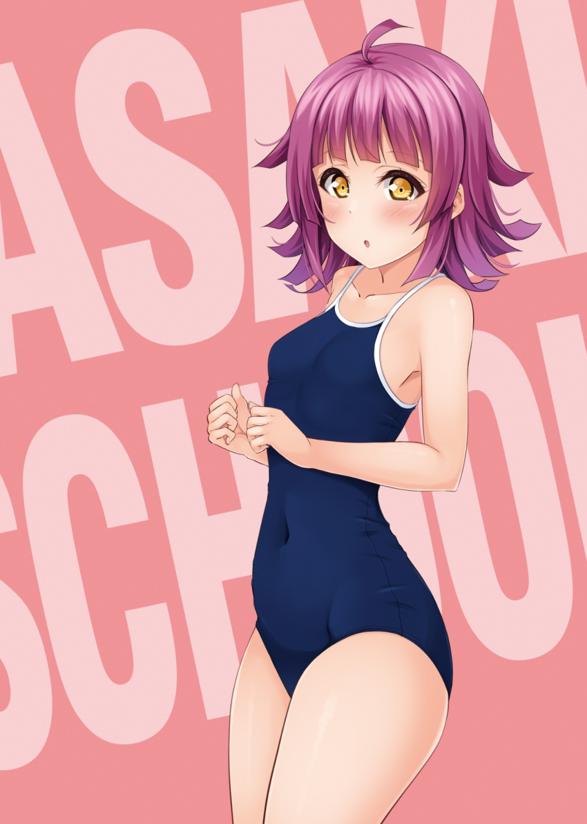1girl :o ahoge background_text bangs blunt_bangs blunt_ends blush breasts collarbone commentary competition_school_swimsuit covered_navel cowboy_shot curled_fingers highres hino_minato_(spec.c) looking_at_viewer love_live! love_live!_nijigasaki_high_school_idol_club medium_hair minato_az open_mouth parted_lips pink_hair red_background school_swimsuit small_breasts solo swimsuit tennouji_rina yellow_eyes