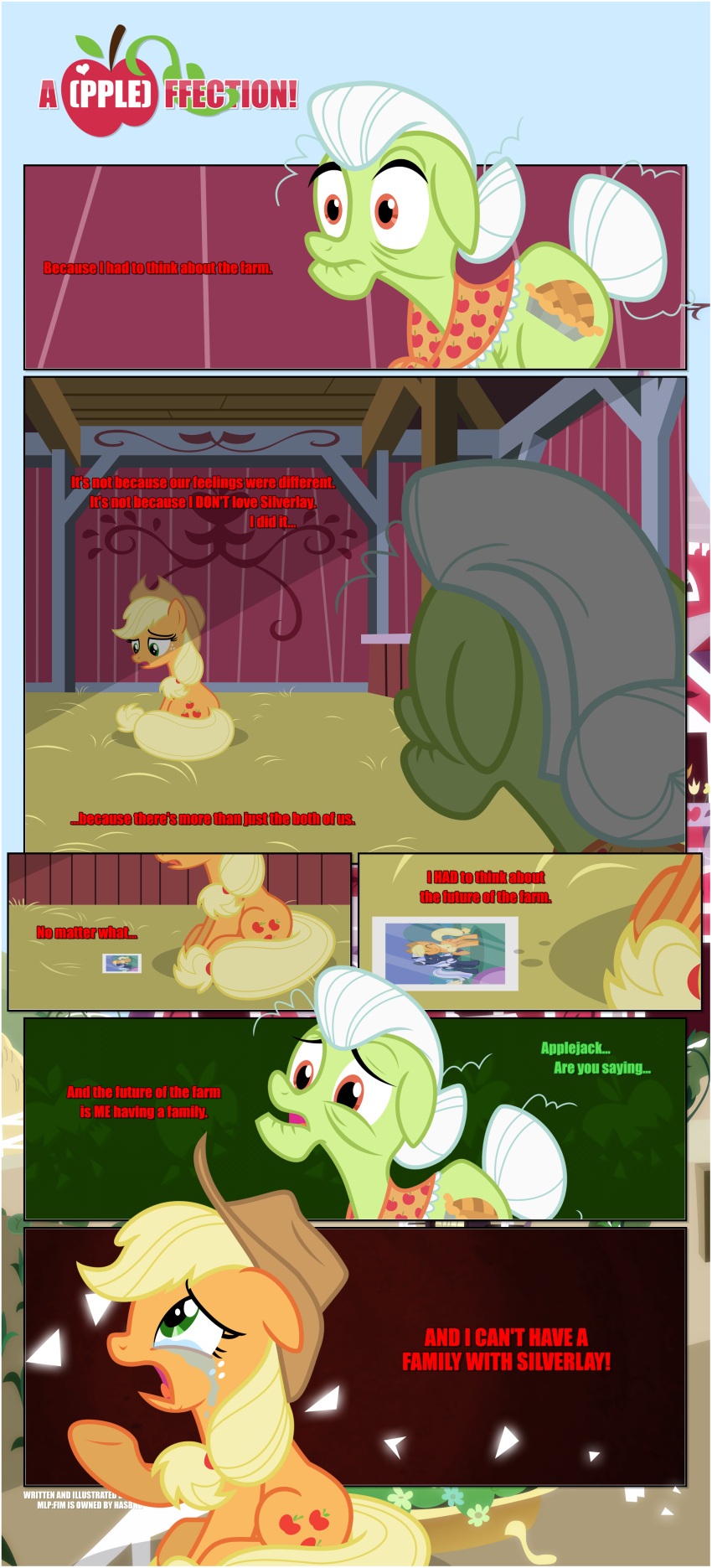 absurd_res applejack_(mlp) black_border bodily_fluids border clothing cowboy_hat crying cutie_mark dialogue duo ears_down ears_flat ears_up earth_pony equid equine estories female feral friendship_is_magic grandchild_(lore) granddaughter_(lore) grandmother_(lore) grandmother_and_grandchild_(lore) grandparent_(lore) grandparent_and_grandchild_(lore) granny_smith_(mlp) hasbro hat headgear headwear hi_res hooves horse inside mammal my_little_pony open_mouth photo pivoted_ears pony raised_hoof sweet_apple_acres tears