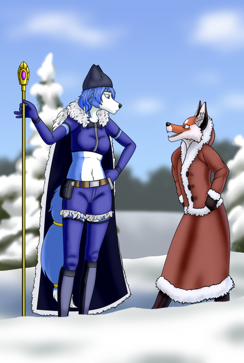 alice_the_vixen anthro blue_body blue_clothing blue_eyes blue_fur blue_hair boots bottomwear brown_clothing canid canine clothed clothing coat female footwear forest fox fur gloves hair handwear hat headgear headwear hi_res hotpants humanoid krystal mammal minishorts navel nintendo plant rickstasovmegraton shorts smile snow star_fox stick surprised_expression tail tiny_bunny topwear tree weapon winter winter_coat