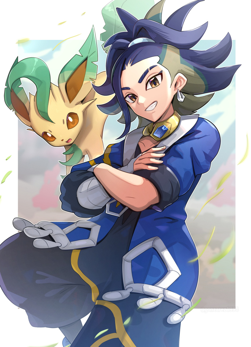 1boy adaman_(pokemon) arm_wrap blue_coat brown_eyes coat collar collarbone commentary_request crossed_arms earrings eyebrow_cut falling_leaves gonzarez grin highres jewelry leaf leafeon looking_down male_focus multicolored_hair pokemon pokemon_(creature) pokemon_(game) pokemon_legends:_arceus ponytail smile teeth