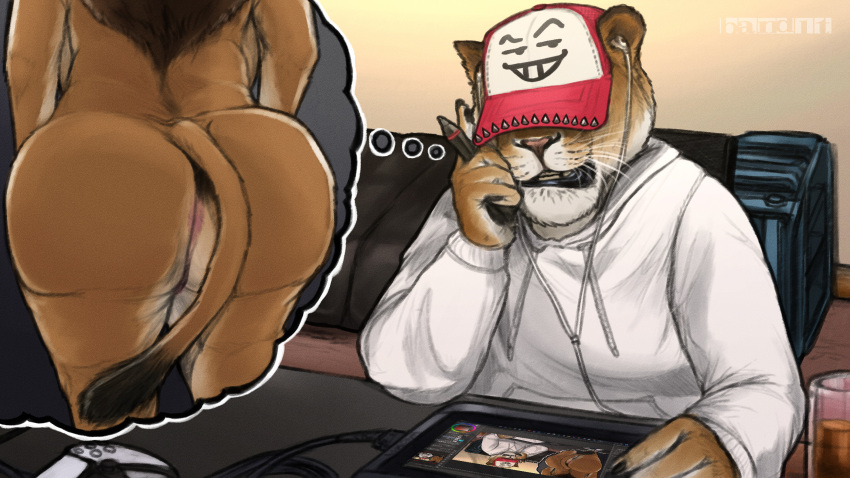 anthro band1tnsfw baseball_cap big_butt butt clothing digital_media_(artwork) drawing_pen drawing_tablet duo felid female hat headgear headwear hi_res hoodie lion male mammal mane meme pantherine portrait red_clothing red_hat red_headwear tail thick_thighs thought_bubble topwear white_clothing wide_waist