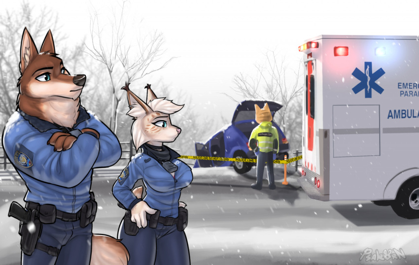 accident ambulance anthro canid canine canis clothing crash crossed_arms disney duo felid feline female grizzlygus holster lynx male male/female mammal paramedic partners police police_officer police_uniform psakorn_tnoi romantic romantic_couple russell_wolfson snow tammy_rys uniform wolf zootopia