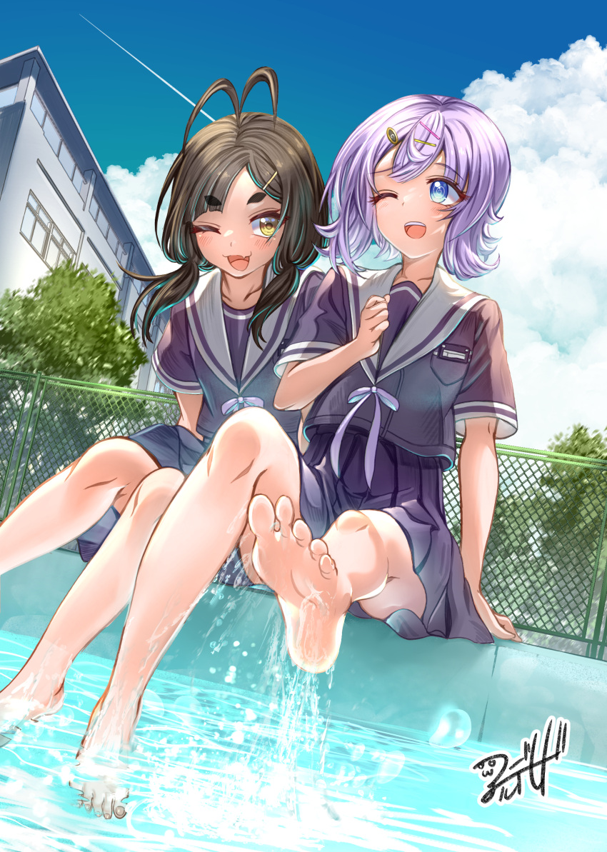 2girls ;d absurdres aldehyde antenna_hair barefoot black_hair blue_eyes blue_sky building chain-link_fence cloud cloudy_sky contrail day fence hair_ornament hairclip highres multiple_girls one_eye_closed original outdoors pleated_skirt purple_hair purple_serafuku purple_shirt purple_skirt sailor_collar school_uniform serafuku shirt short_eyebrows short_sleeves signature sitting skirt sky smile soaking_feet soles swept_bangs thick_eyebrows water white_sailor_collar yellow_eyes