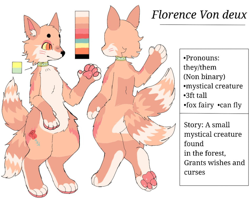 2_tails 5:4 ambiguous_gender anthro biped canid canine collar description english_text fairy_fox floral_markings florence_von_deux fox fur fur_markings green_collar mammal markings model_sheet multi_tail mystical_creature nonbinary_(lore) orange_body orange_fur orange_tail pawpads paws pink_body pink_fur pink_pawpads puppkittyfan1 red_body red_eyes red_fur red_tail smile solo stated_gender stated_height stated_pronouns stated_species tail tail_markings tan_body tan_fur tan_tail text yellow_sclera