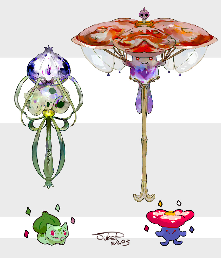 absurdres bright_pupils bulbasaur claws closed_eyes closed_mouth crystal dated grey_background highres objectification pokemon pokemon_(creature) red_eyes scepter signature skull_ornament smile sparkle sukepmonster unownglyphics vileplume white_pupils