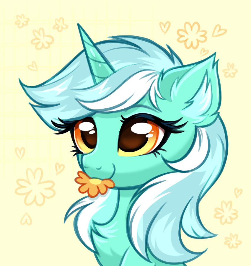 absurd_res bust_portrait chest_tuft confetticakez ear_tuft equid equine eyelashes female feral flower fluffy friendship_is_magic fur green_body green_fur green_hair hair hasbro hi_res horn inner_ear_fluff lyra_heartstrings_(mlp) mammal mouth_hold multicolored_hair my_little_pony plant portrait smile solo tuft two_tone_hair unicorn unicorn_horn yellow_eyes