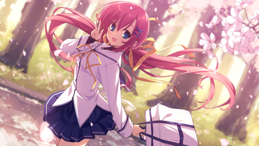 1girl :d bag blue_eyes blue_skirt blurry blurry_background blush cherry_blossoms commentary commission cowboy_shot da_capo da_capo_ii depth_of_field dutch_angle floating_hair hair_between_eyes hair_ornament hair_ribbon hairclip hand_up happy highres holding holding_bag long_hair long_sleeves looking_at_viewer miniskirt neck_ribbon open_mouth outdoors pleated_skirt red_hair ribbon road schatten school_bag school_uniform shirakawa_nanaka shirt skeb_commission skirt smile solo spring_(season) standing straight_hair tareme teeth tree upper_teeth_only very_long_hair w white_bag white_shirt x_hair_ornament yellow_ribbon