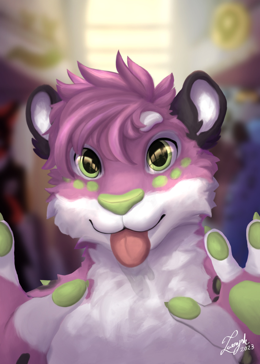 badge felid fluffy furry furrycon green hi_res leopard male mammal pantherine pink shiny_(disambiguation) snow snow-leopard snow_leopard spots zae zaerysh