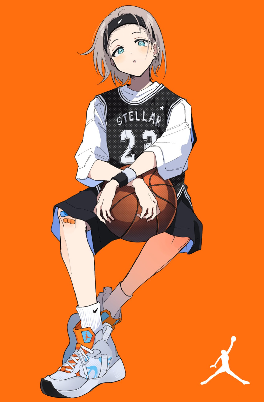 bandaid basketball basketball_sleeve basketball_uniform blue_eyes earrings forehead grey_hair highres idolmaster idolmaster_shiny_colors jewelry light_brown_hair messiah_go nike serizawa_asahi shoes shorts simple_background sneakers socks solo sportswear sweatband