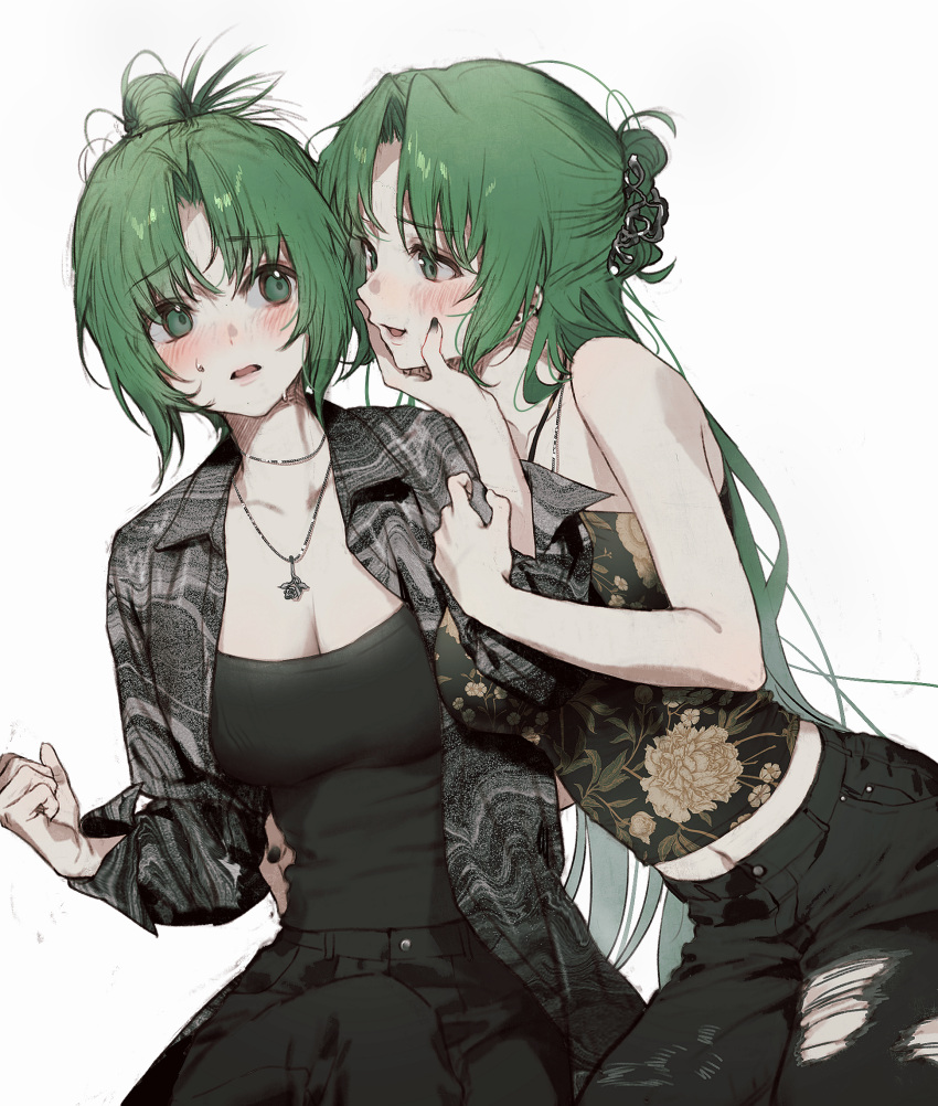 2girls bare_shoulders black_nails black_pants black_shirt blush breasts bsgkstnals03 cleavage clenched_hand denim earrings floral_print green_eyes green_hair hand_around_waist hand_on_another's_face high_ponytail highres higurashi_no_naku_koro_ni holding_another's_arm jeans jewelry long_hair looking_at_another multiple_earrings multiple_girls nail_polish navel necklace open_clothes open_mouth open_shirt pants parted_lips shirt siblings sisters sonozaki_mion sonozaki_shion standing sweatdrop torn_clothes torn_pants twins very_long_hair white_background worried