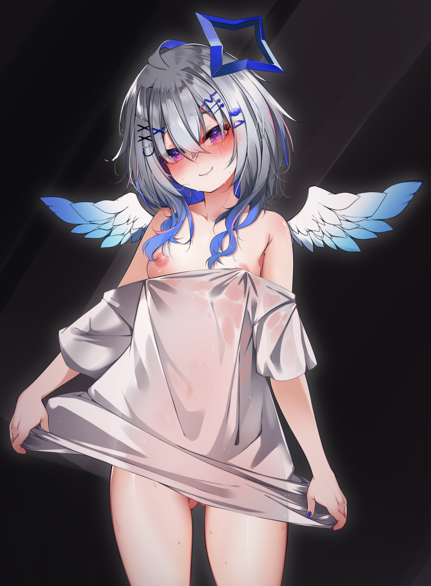 1girl absurdres ahoge amane_kanata amane_kanata_(another_world) angel_wings ass_visible_through_thighs bare_shoulders blue_hair blush breasts colored_inner_hair feathered_wings gradient_wings grey_hair hair_between_eyes hair_ornament hairclip halo heart heart-shaped_pupils highres hololive kana616 long_hair looking_at_viewer multicolored_hair multicolored_wings naked_shirt nipples off_shoulder purple_eyes shirt small_breasts smile solo star_halo symbol-shaped_pupils virtual_youtuber wings