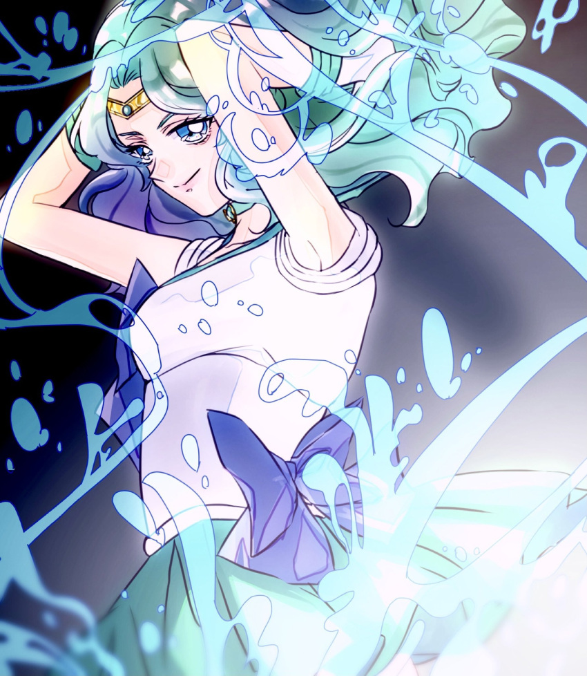 1girl aqua_hair aqua_skirt back_bow bishoujo_senshi_sailor_moon blue_bow blue_bowtie blue_eyes bow bowtie floating_hair from_side gloves hands_in_hair highres kaiou_michiru karugamo1677 light_smile long_hair sailor_neptune short_sleeves skirt solo tiara white_gloves