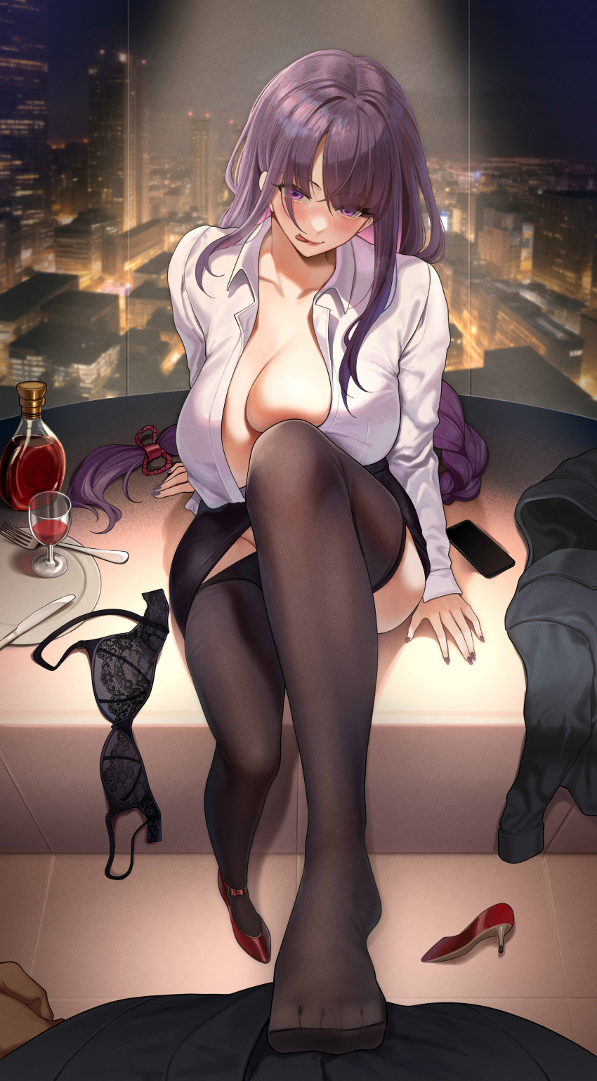 1girl :p absurdres alternate_costume arm_behind_back arm_support black_bra black_jacket black_skirt black_thighhighs blush bottle bra bra_removed braid braided_ponytail breast_press breasts building cellphone city city_lights cityscape cleavage closed_mouth clothes_pull collared_shirt contemporary convenient_leg cup dress_shirt drinking_glass eyes_visible_through_hair feet film_grain foot_focus foot_up footjob footjob_over_clothes foreshortening fork full_body genshin_impact hetero high_heels highres indoors jacket jacket_removed knee_to_chest knee_up knife lace-trimmed_bra lace_trim large_breasts legs licking_lips lipstick long_hair long_sleeves looking_at_viewer makeup maskwolf miniskirt nail_polish naughty_face night night_sky no_shoes pantyhose pantyhose_pull parted_hair partially_unbuttoned pencil_skirt phone plate pov pumps purple_eyes purple_hair purple_nails raiden_shogun red_footwear red_lips seductive_smile shirt shirt_tucked_in shoes shoes_removed sidelocks single_braid single_shoe sitting skirt sky skyline skyscraper smartphone smile solo_focus thighhighs toe_seam toes tongue tongue_out underwear white_shirt window wine_glass wing_collar