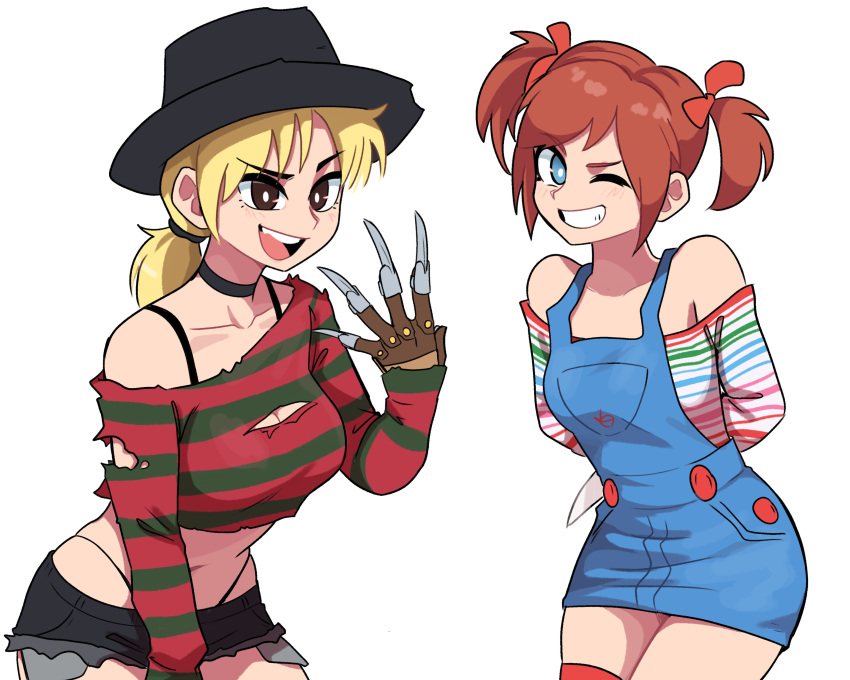2girls a_nightmare_on_elm_street absurdres bare_shoulders black_choker blonde_hair blue_eyes bow breasts bright_pupils brown_eyes brown_hair child's_play choker chucky cleavage dashi_(dashiart) freddy_krueger genderswap genderswap_(mtf) grin hair_bow hat highres holding holding_knife knife medium_breasts micro_shorts multiple_girls one_eye_closed open_mouth overalls ponytail red_bow shirt shorts simple_background small_breasts smile torn_clothes twintails white_background white_pupils