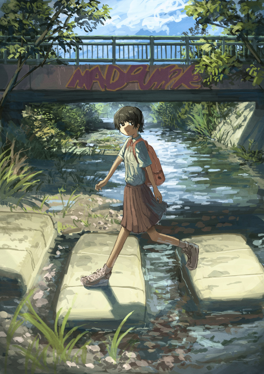 1girl absurdres anko1127 backpack bag black_eyes black_hair blue_sky bridge bright_pupils brown_skirt closed_mouth cloud cloudy_sky commentary_request day dress_shirt expressionless foliage graffiti grass highres light_frown neck_ribbon original outdoors pleated_skirt red_ribbon ribbon river scenery school_uniform shadow shallow_water shirt shirt_tucked_in shoes short_hair short_sleeves skirt sky sneakers solo stepping_stones tree walking water white_pupils wide_shot