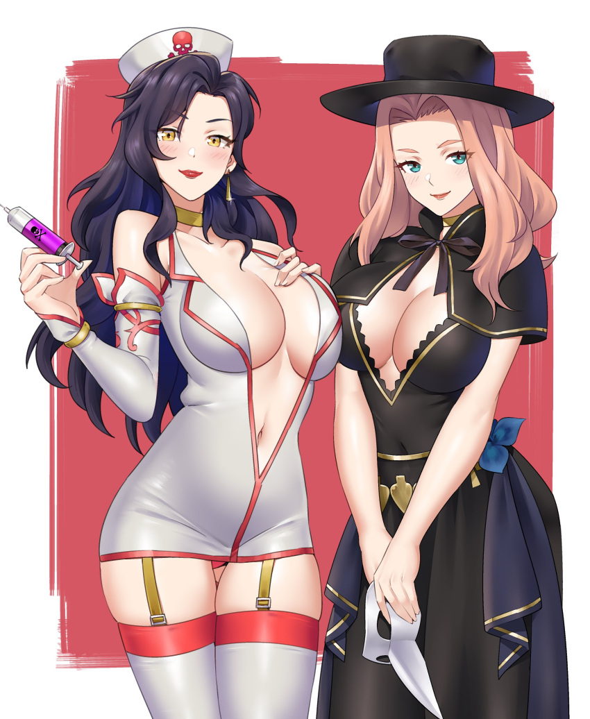 2girls absurdres alternate_costume bare_shoulders black_hair blue_eyes breasts cleavage commission cornelia_arnim fire_emblem fire_emblem:_the_blazing_blade fire_emblem:_three_houses fire_emblem_heroes halloween halloween_costume highres holding holding_syringe igni_tion large_breasts long_hair multiple_girls pink_hair sonia_(fire_emblem) syringe yellow_eyes