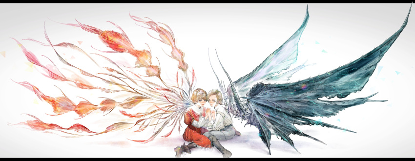 2boys absurdres aged_down alchimie bahamut_(final_fantasy) blonde_hair boots dion_lesage dragon_wings feathered_wings final_fantasy final_fantasy_xvi frilled_sleeves frills highres holding_hands joshua_rosfield looking_at_viewer multiple_boys phoenix_(final_fantasy) simple_background sitting wings