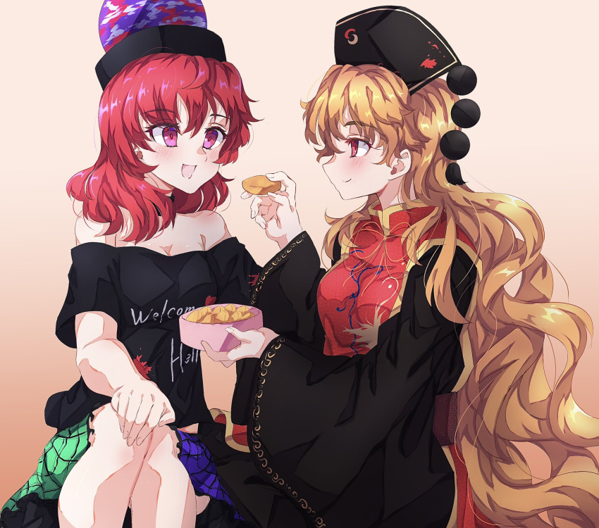 2girls bare_shoulders belt black_choker black_dress black_headwear black_shirt blonde_hair blush bow bowl bowtie breasts brown_belt chinese_clothes choker closed_mouth clothes_writing collarbone cookie crescent crescent_print dress food frills gradient_background green_skirt hair_between_eyes hands_up hat heart heart_print hecatia_lapislazuli highres holding holding_bowl holding_food junko_(touhou) long_hair long_sleeves looking_at_another mandarin_collar medium_breasts medium_hair multicolored_clothes multicolored_skirt multiple_girls neold off-shoulder_shirt off_shoulder open_mouth orange_background phoenix_crown pink_eyes plaid plaid_skirt polos_crown pom_pom_(clothes) purple_skirt red_eyes red_hair red_tabard shirt short_sleeves simple_background sitting sitting_on_person skirt smile t-shirt tabard tassel touhou underworld_(ornament) wavy_hair white_background wide_sleeves yellow_bow yellow_bowtie