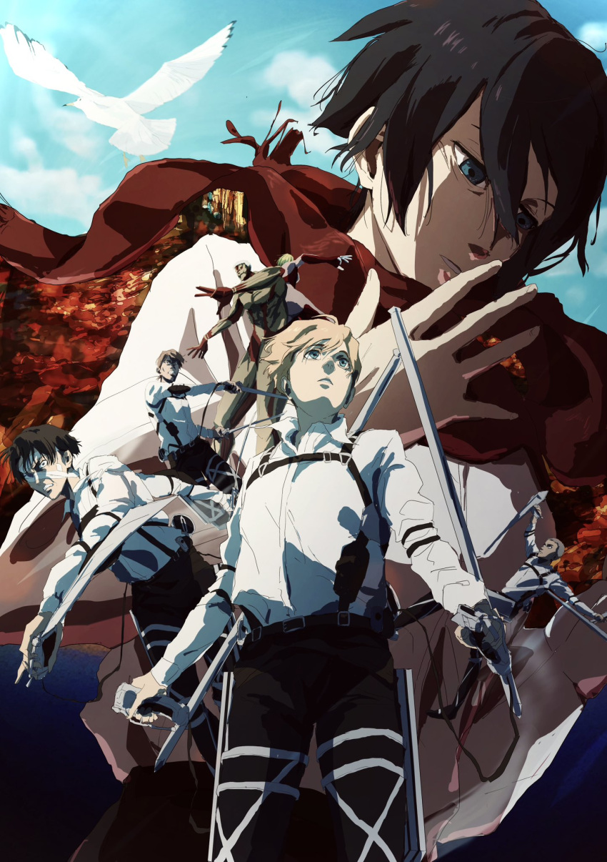 2girls 5boys arm_cannon armin_arlert armored_titan bandage_over_one_eye battle bird cliff dual_wielding feet_out_of_frame female_titan floating_hair flying from_below highres holding jean_kirchstein looking_ahead looking_down midair multiple_boys multiple_girls myforuwlglij69i red_scarf scarf shingeki_no_kyojin short_hair symbolism three-dimensional_maneuver_gear titan_(shingeki_no_kyojin) weapon