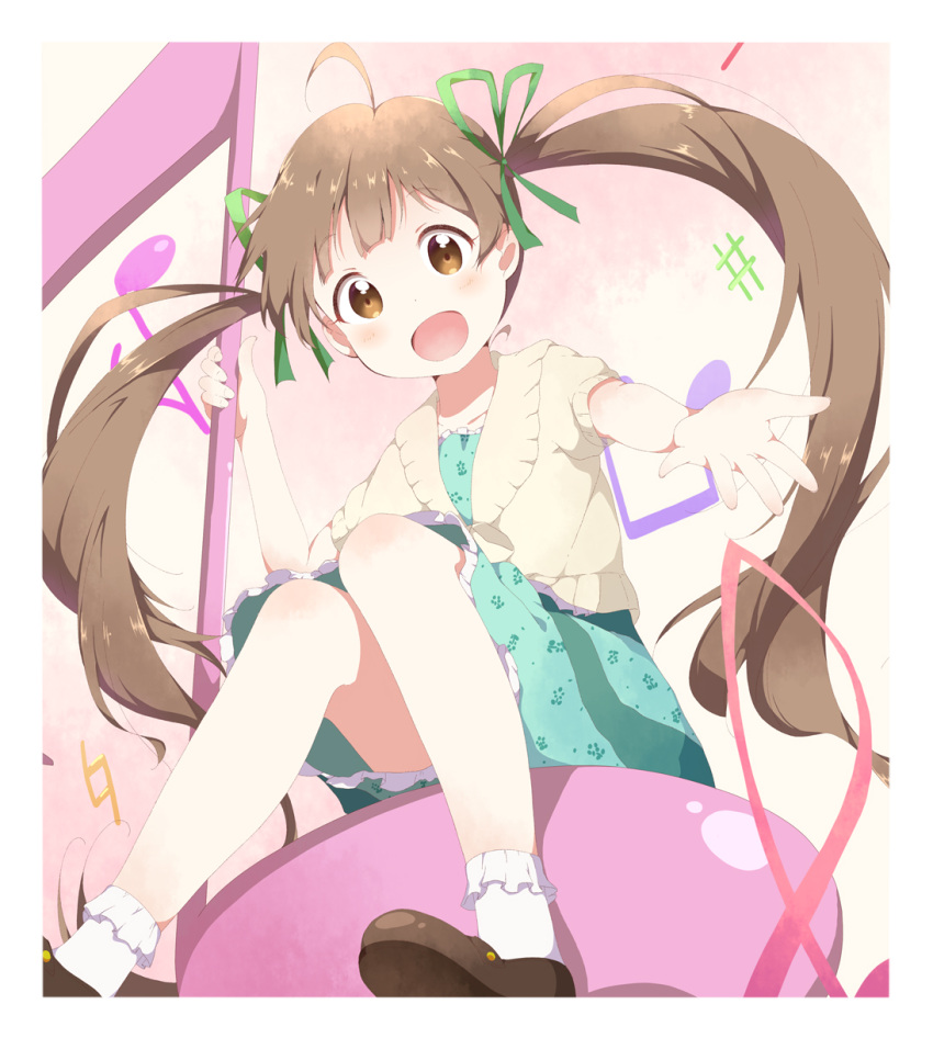 1girl :d ahoge blush bow brown_cardigan brown_eyes brown_hair cardigan dress frilled_dress frilled_socks frills grabbing gradient_background green_dress green_ribbon hair_ribbon hakozaki_serika highres idolmaster idolmaster_million_live! idolmaster_million_live!_theater_days knees_together_feet_apart loafers long_hair looking_at_viewer musical_note open_mouth reaching_towards_viewer ribbon shoes short_sleeves simple_background sitting skirt smile socks solo toma_(shinozaki) twintails very_long_hair white_socks