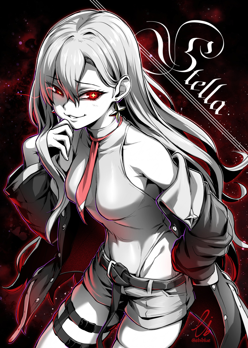 1girl absurdres armpit_crease belt black_belt breasts commission copyright_request earrings ebiblue gesugao grey_hair grey_leotard grey_shorts groin hair_between_eyes highres jacket jewelry leotard long_hair long_sleeves medium_breasts monochrome necktie open_clothes open_jacket red_eyes red_necktie short_shorts shorts signature skeb_commission smirk spot_color star_(symbol) star_earrings thigh_strap twitter_username upper_body