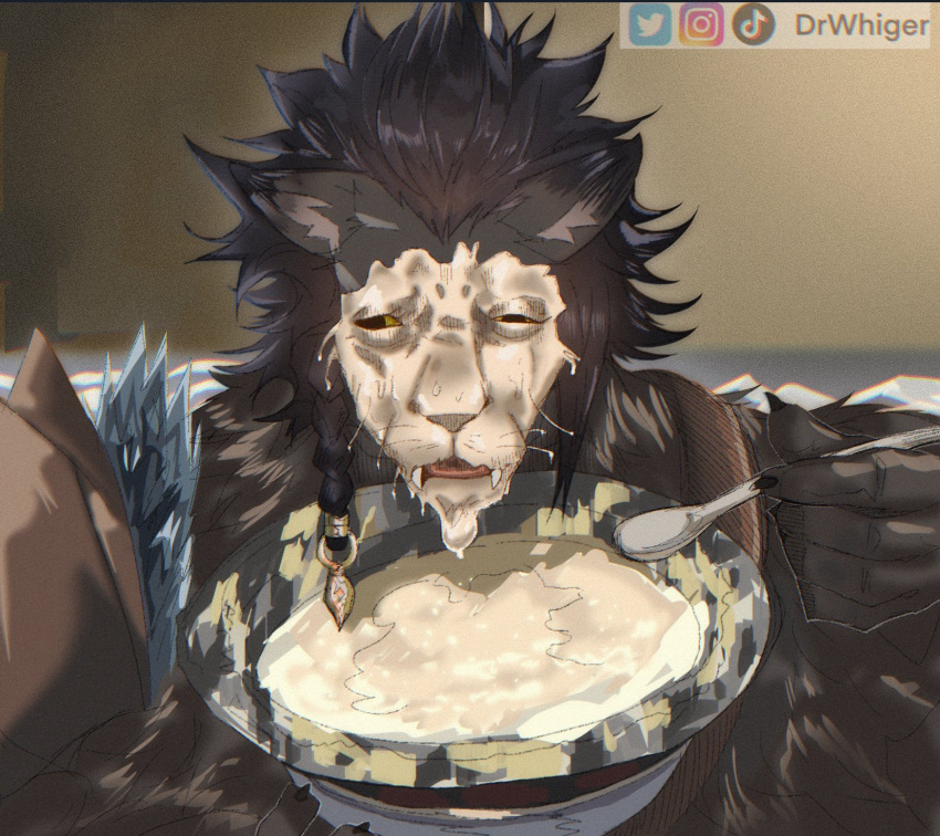 anthro artist_name black_body black_fur bowl container cutlery digital_drawing_(artwork) digital_media_(artwork) drwhiger fangs felid final_fantasy final_fantasy_xiv fur grainy hair_braid hi_res holding_object hrothgar humor inner_ear_fluff instagram instagram_logo kitchen_utensils logo male mammal meme milk milk_on_face narrowed_eyes solo spoon square_enix teeth tiktok tools tuft twitter twitter_logo watermark whiskers yellow_sclera