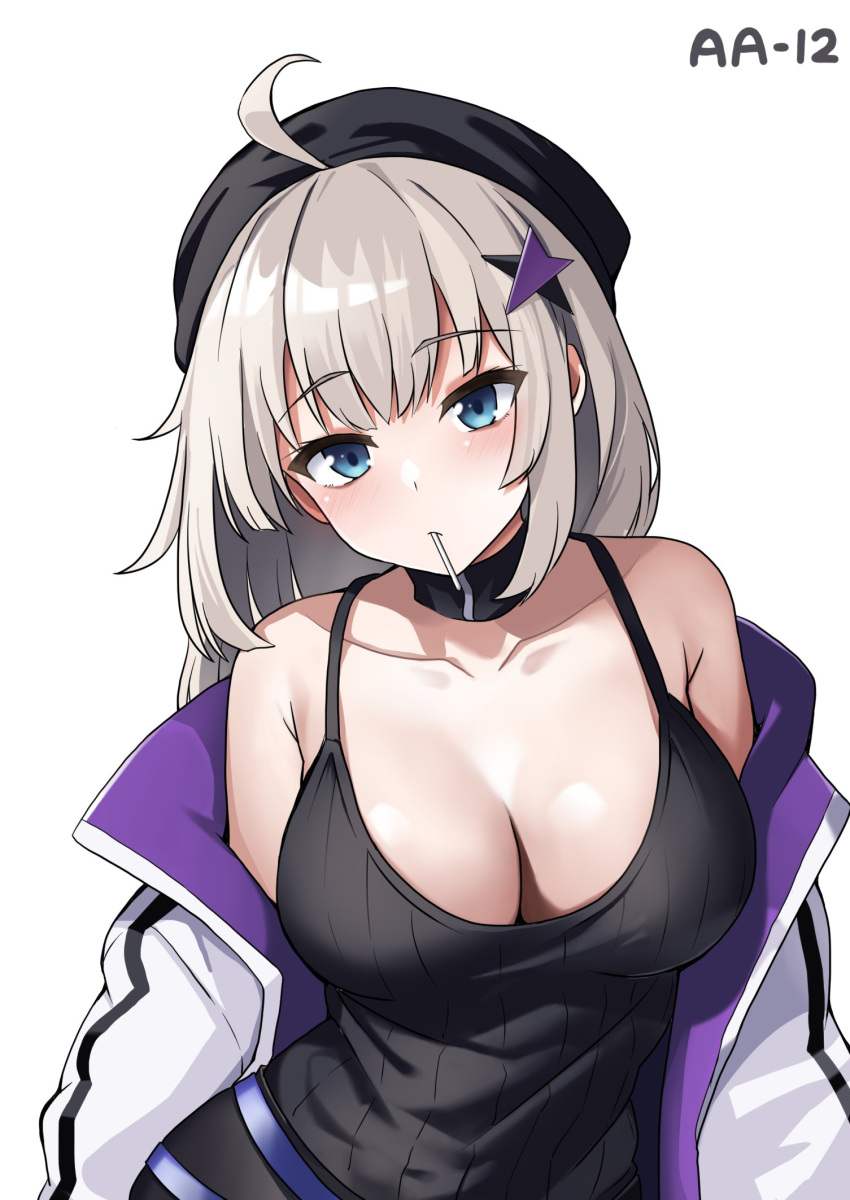 1girl aa-12_(girls'_frontline) ahoge black_camisole black_headwear blue_eyes blush breasts camisole candy character_name cleavage food food_in_mouth girls'_frontline grey_hair hair_ornament highres jacket ki-51_(ampullaria) lollipop long_hair looking_at_viewer multicolored_clothes multicolored_jacket off_shoulder open_clothes open_jacket purple_jacket solo star_(symbol) star_hair_ornament straight-on turtleneck two-tone_jacket upper_body white_background white_jacket