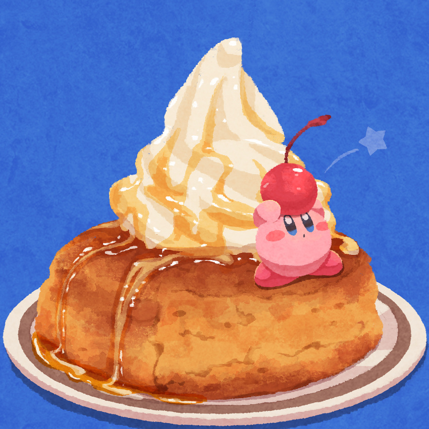 blue_eyes blush_stickers cherry danish_pastry food food_focus fruit highres holding holding_food holding_fruit kirby kirby_(series) komeda's_coffee miclot no_humans pink_footwear shiro-noir shoes whipped_cream