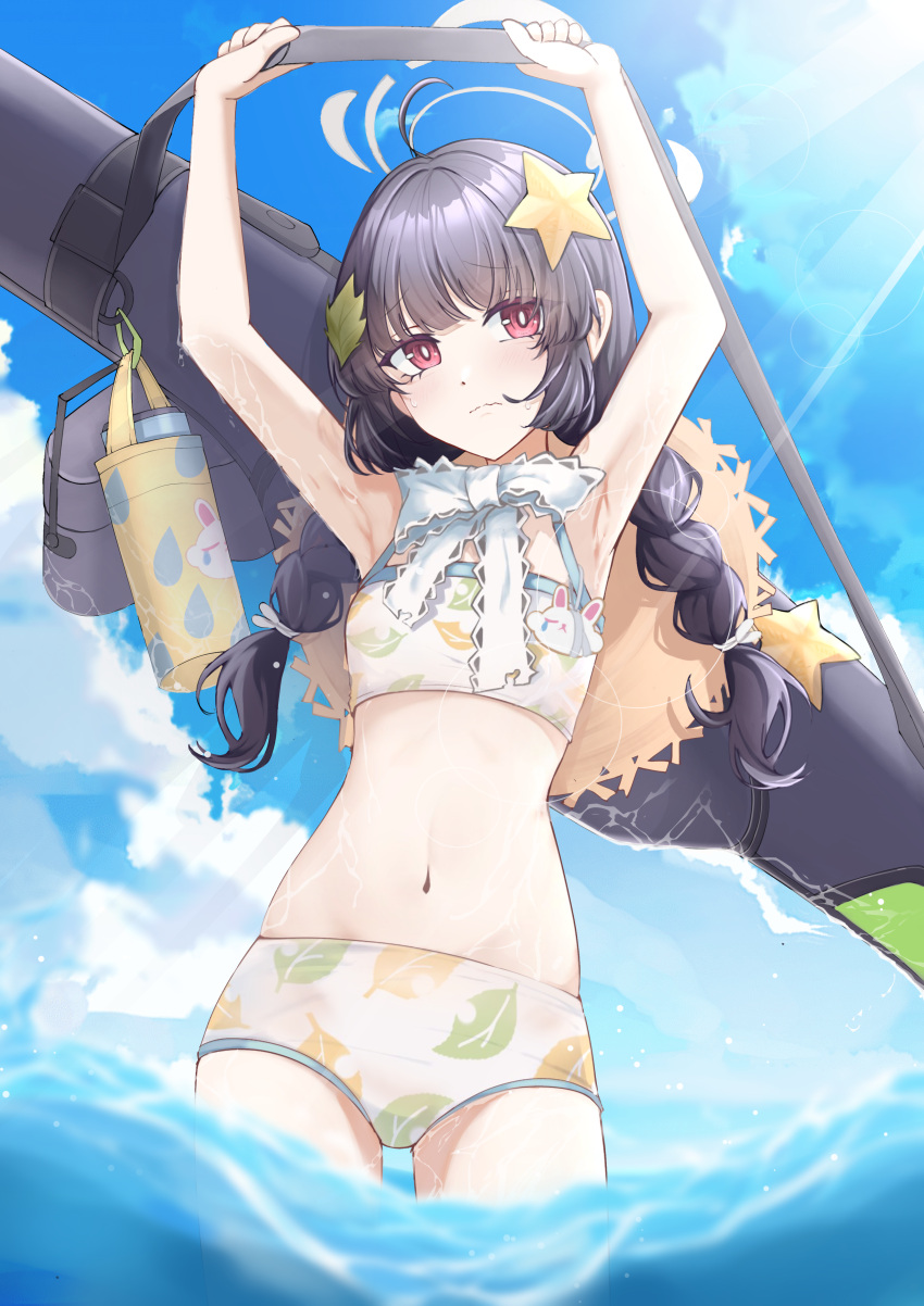 1girl absurdres bag blue_archive blue_sky bottle bow braid flat_chest hair_ornament halo hat highres leaf_print long_hair looking_at_viewer miyu_(blue_archive) miyu_(swimsuit)_(blue_archive) official_alternate_costume shoulder_bag sky star_(symbol) stomach straw_hat swimsuit twin_braids twintails underwear user_hmrr2738 water